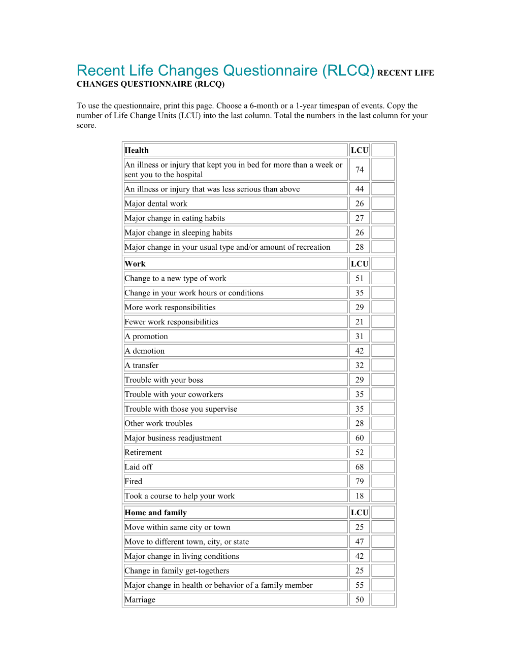 Recent Life Changes Questionnaire (RLCQ) RECENT LIFE CHANGES QUESTIONNAIRE (RLCQ)