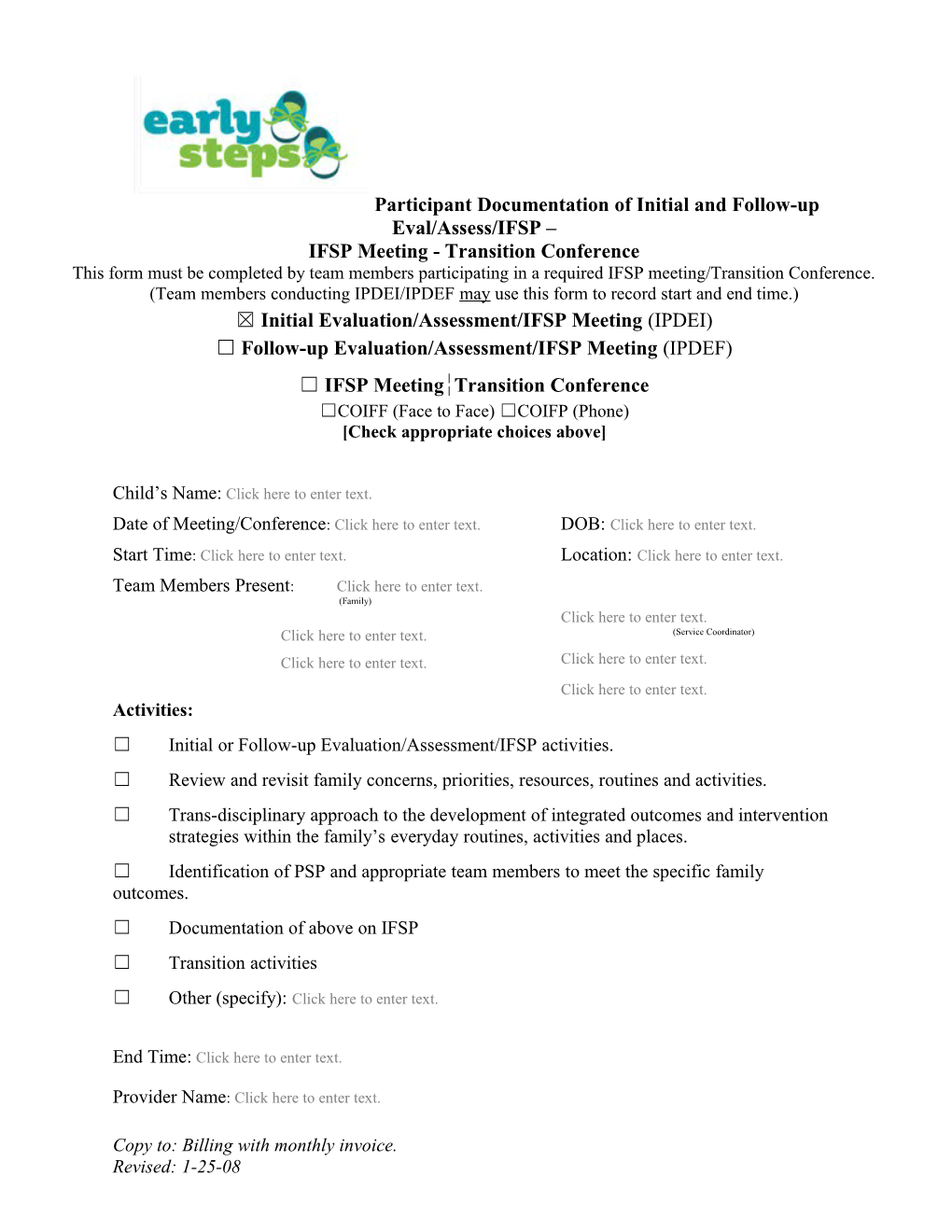 Participant Documentation of Initial and Follow-Up Eval/Assess/IFSP