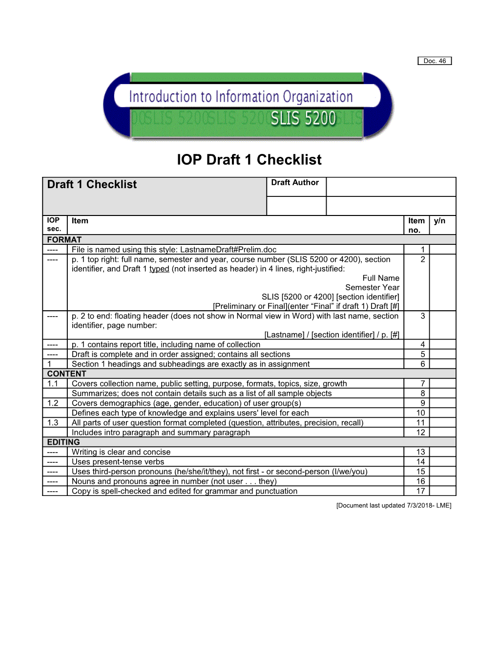 SLIS 5200: IOP Draft 1 Checklist