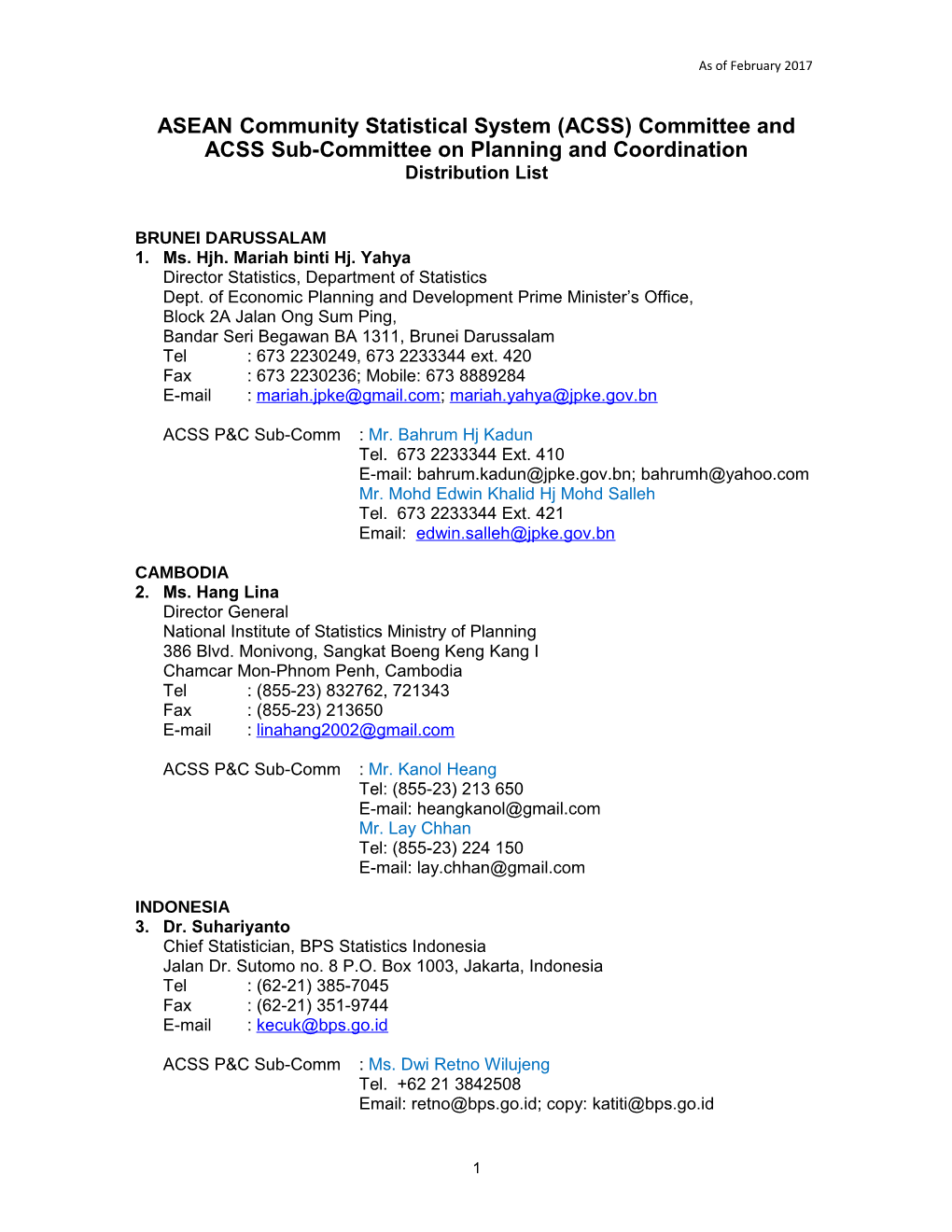 ASEAN Community Statistical System (ACSS)Committee and ACSS Sub-Committee on Planning