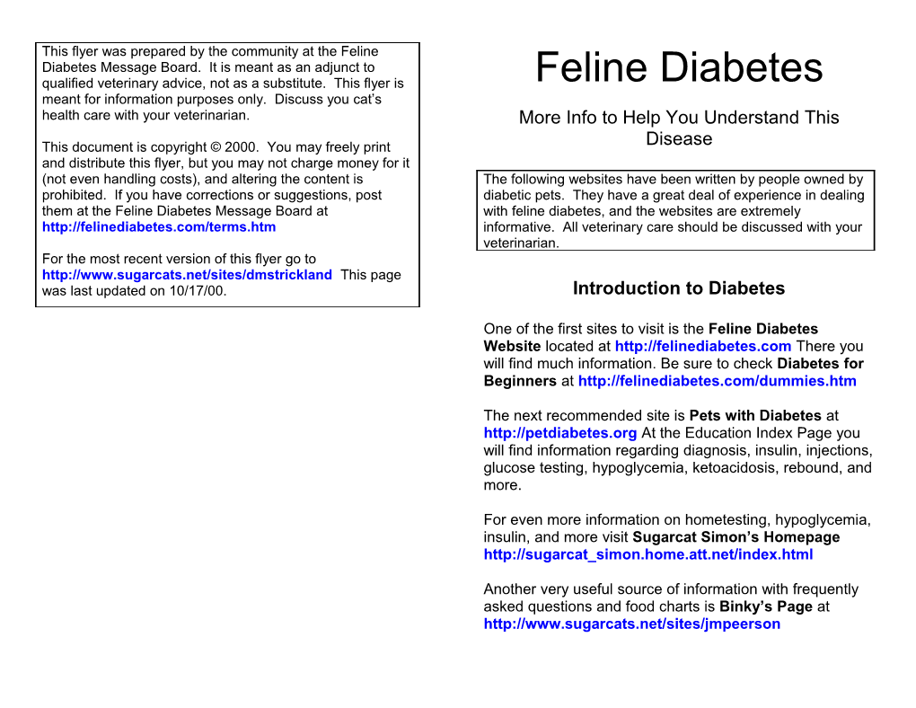 This Flyer Was Prepared by the Community at the Feline Diabetes Message Board