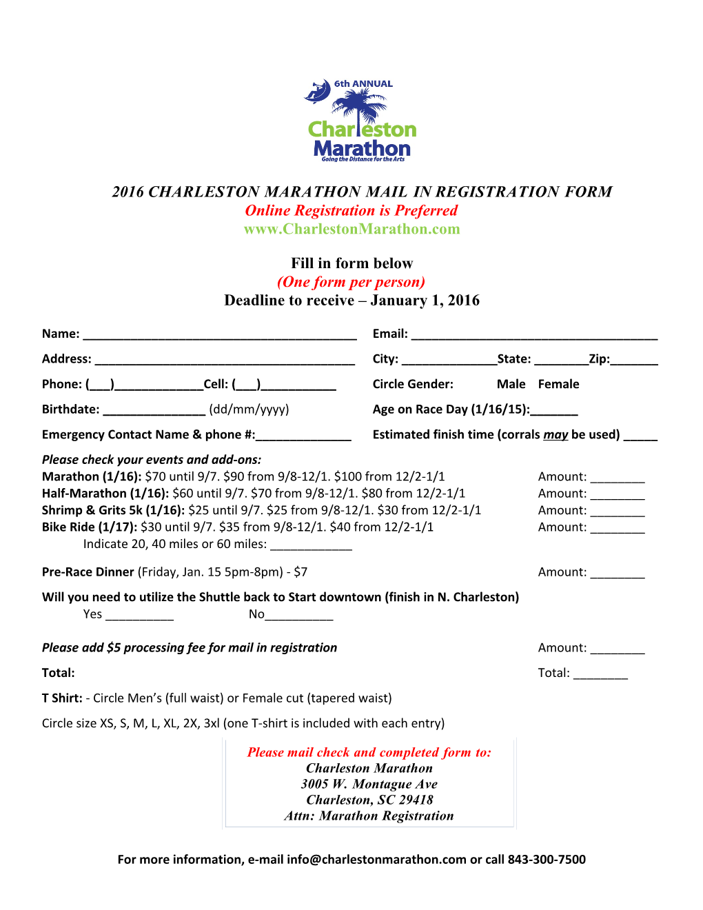 2016 Charleston Marathon Mail in Registration Form