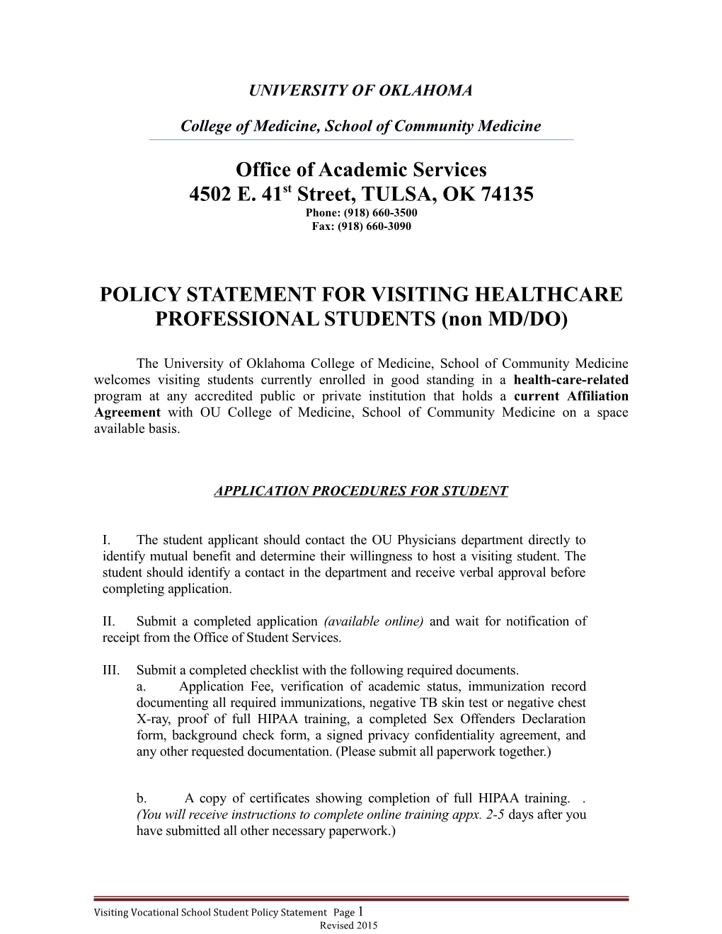 Policy Statement for Visiting Senior Medical Students s1