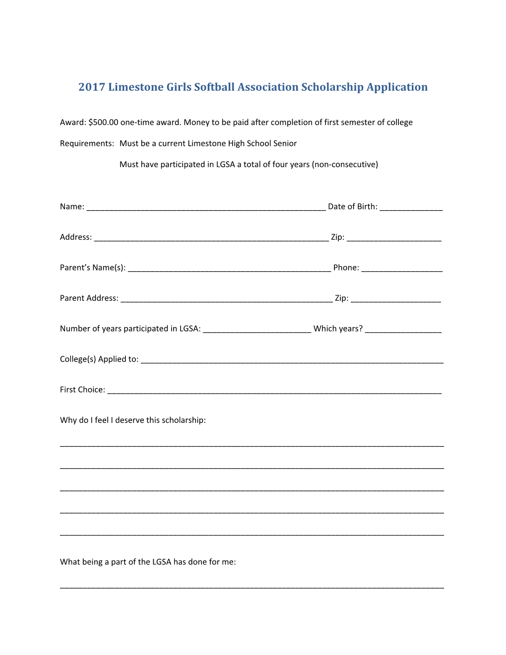 2017 Limestone Girls Softball Association Scholarship Application