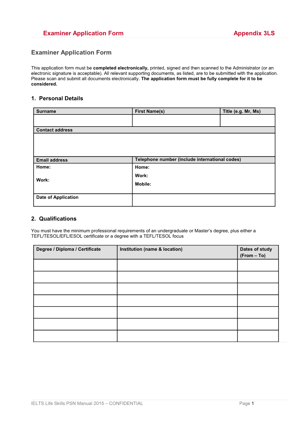 Examiner Application Form Appendix 3LS