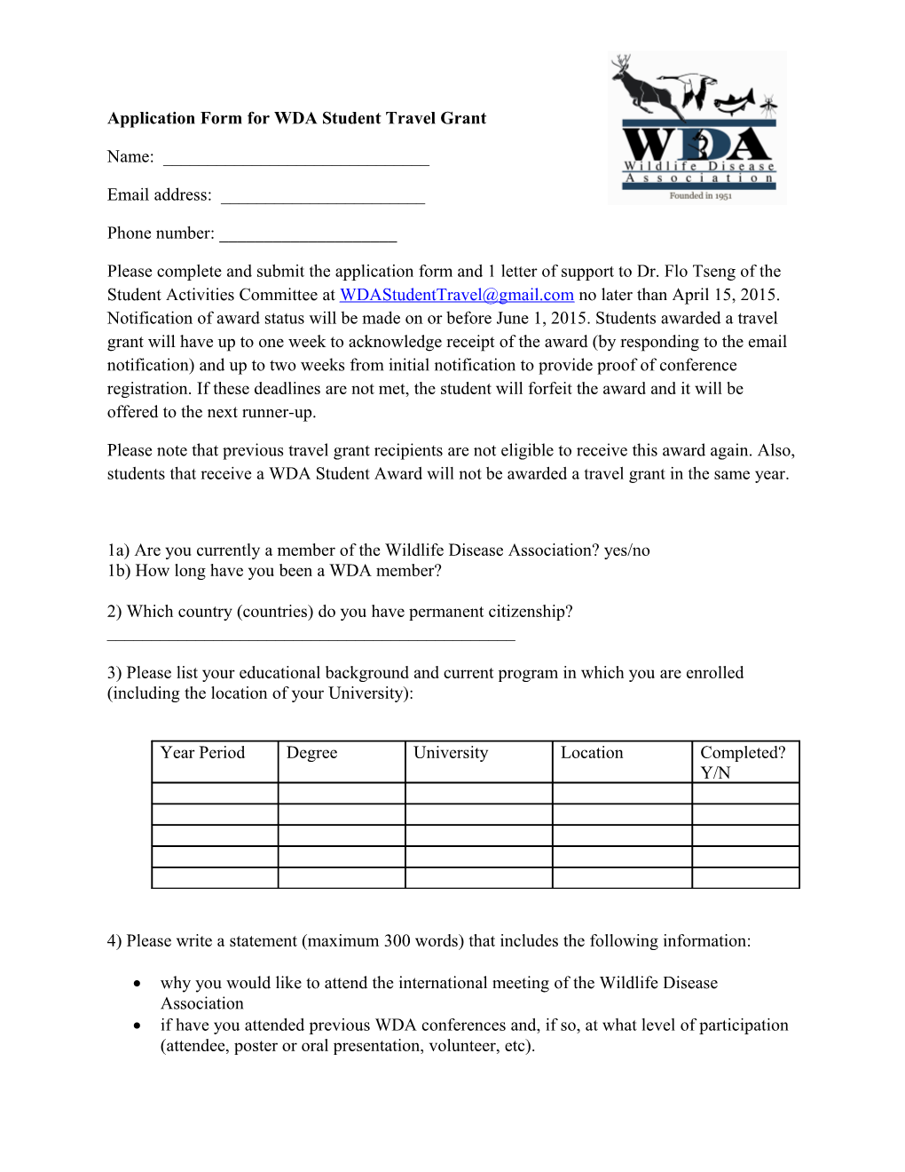 Application Form for WDA Student Travel Grant