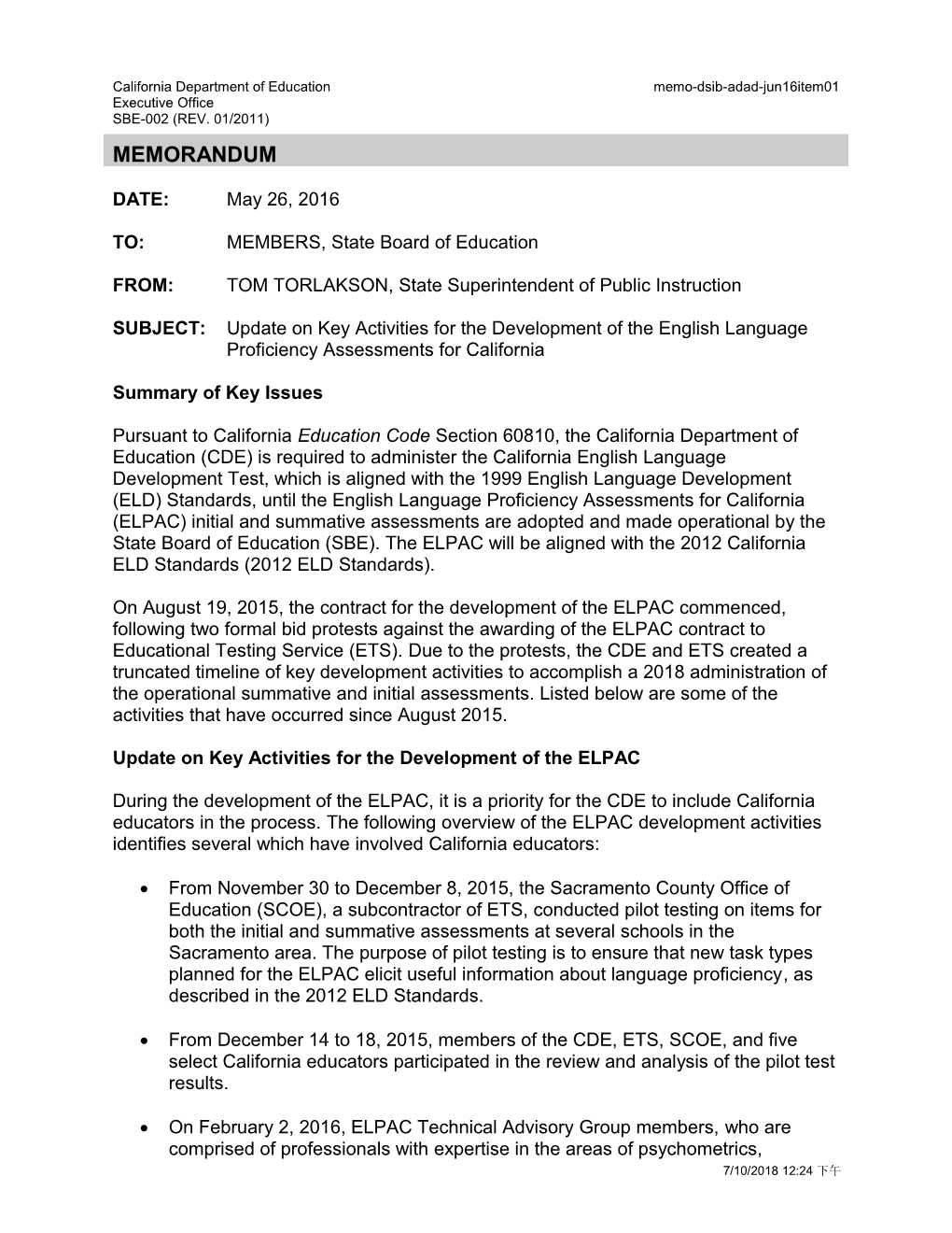 June 2016 Memo DSIB ADAD Item 01 - Information Memorandum (CA State Board of Education)