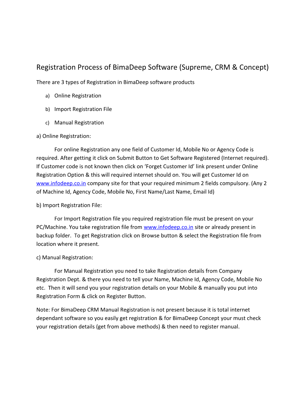 Registration Process of Bimadeep Software (Supreme, CRM & Concept)