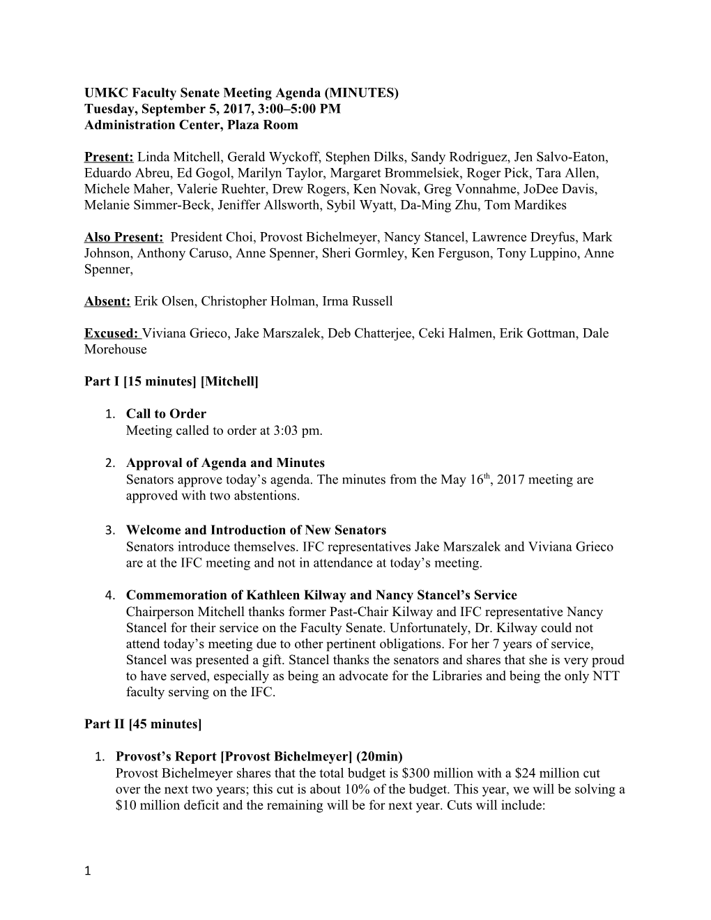 UMKC Faculty Senate Meeting Agenda (MINUTES)