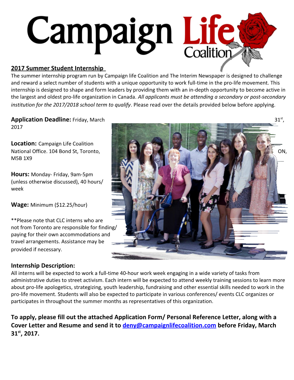 2017 Summer Student Internship the Summer Internship Program Run by Campaign Life Coalition