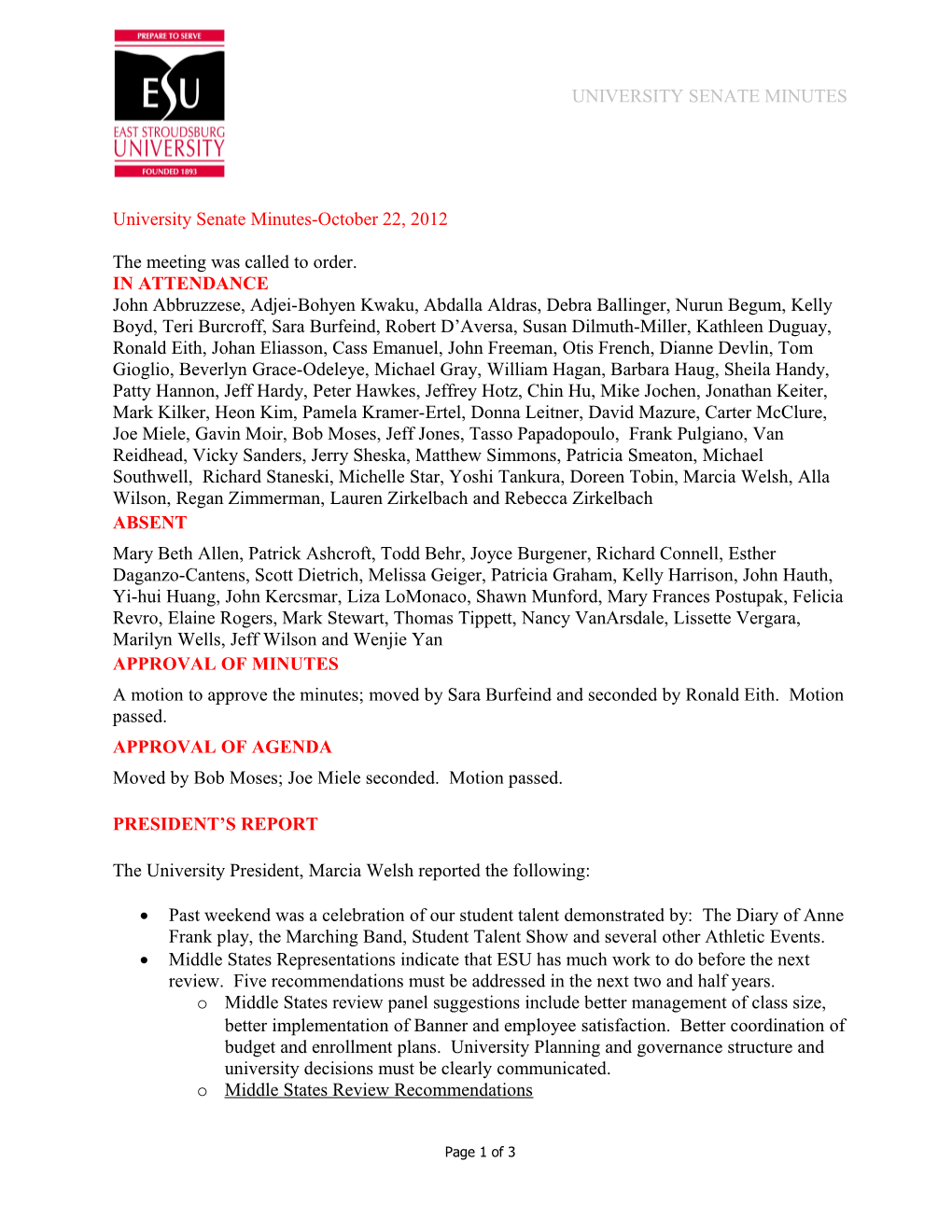 University Senate Minutes-October 22, 2012