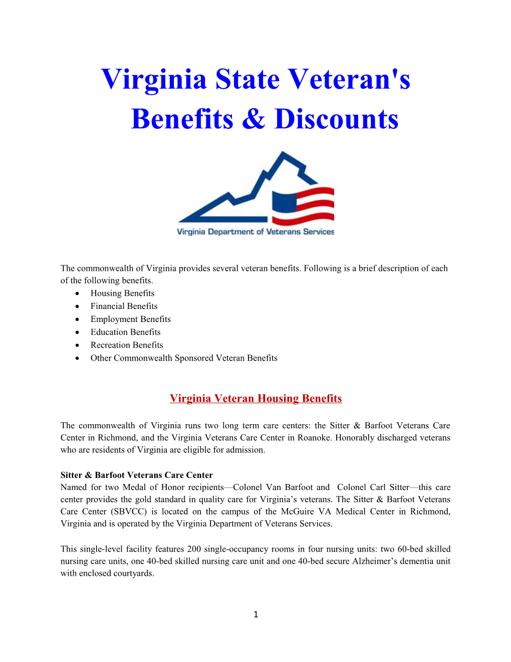 Virginia State Veteran's Benefits & Discounts