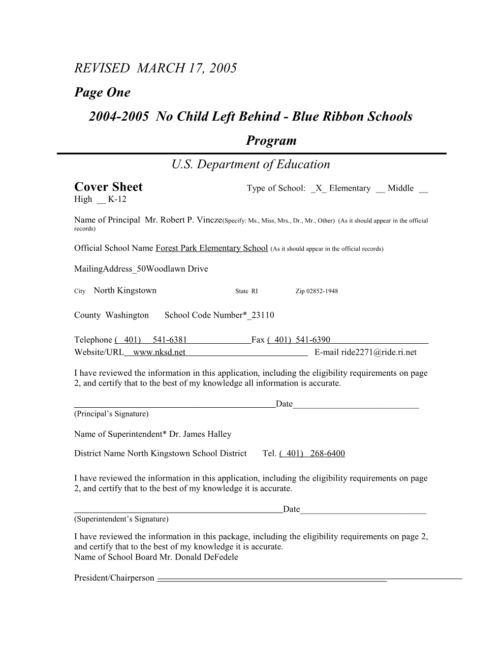 Forest Park Elementary School Application: 2004-2005, No Child Left Behind - Blue Ribbon