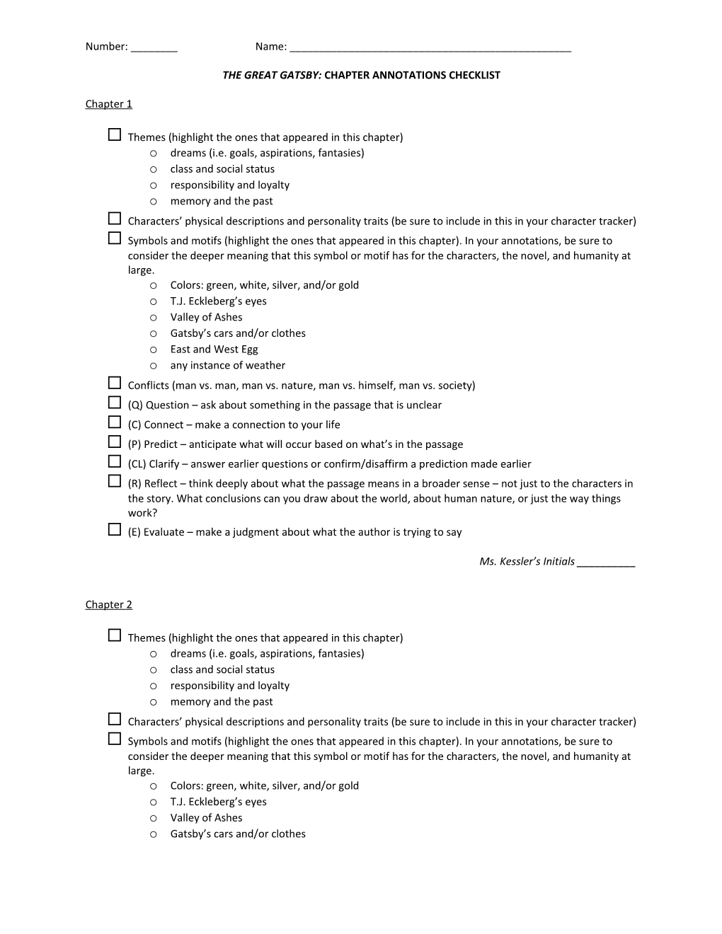 The Great Gatsby: Chapter Annotations Checklist