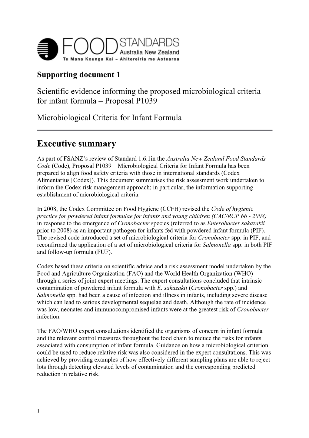 SD2 Scientific Evidence Supporting the Proposed Microbiological Criteria for Infant Formula