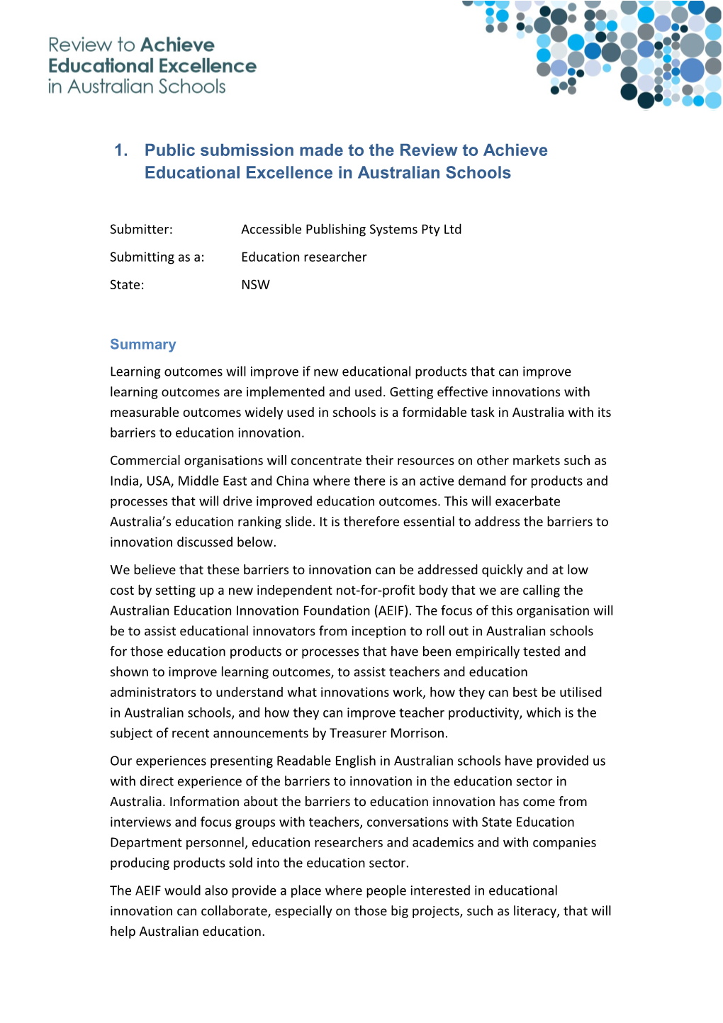 Public Submission Made to the Review to Achieve Educational Excellence in Australian Schools