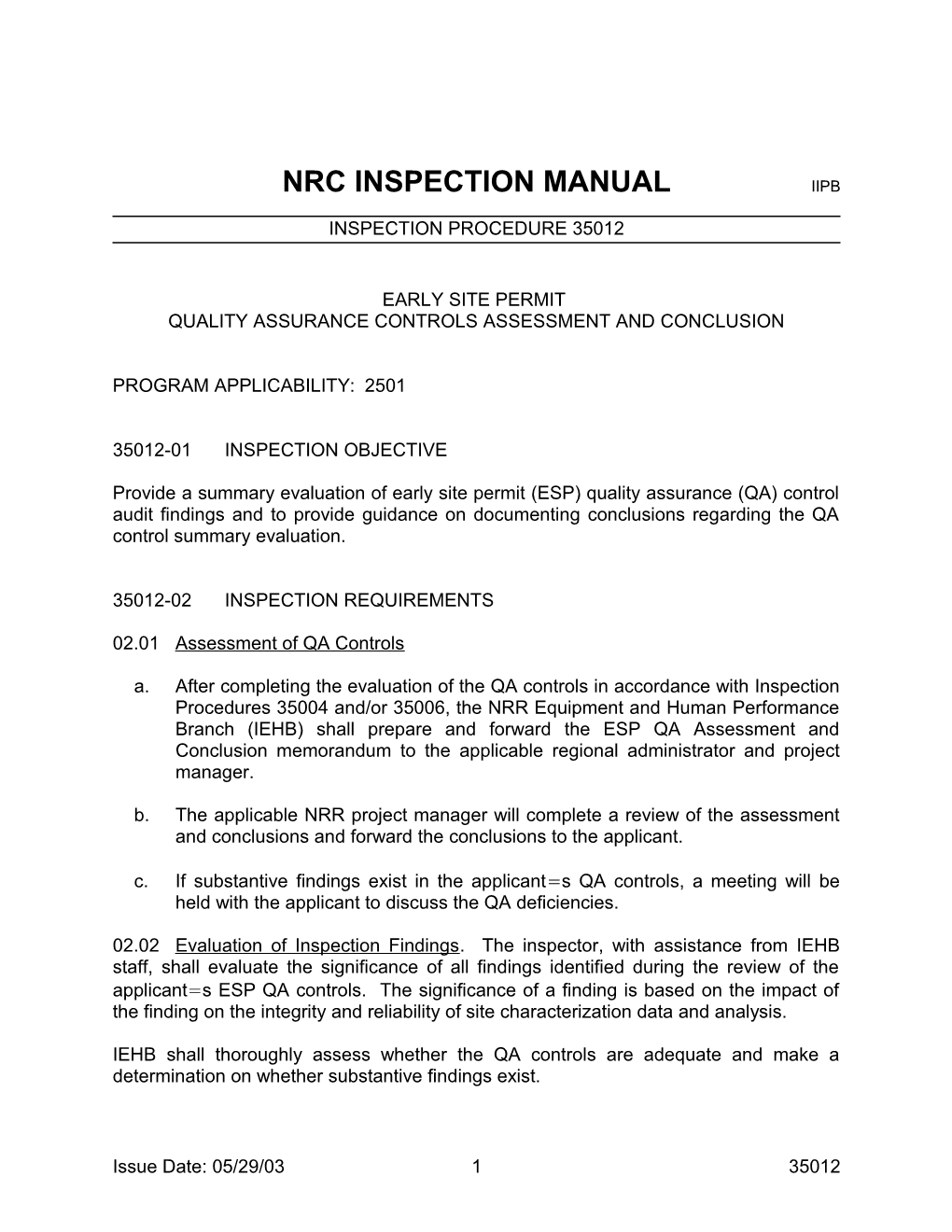 Nrc Inspection Manual Iipb s1