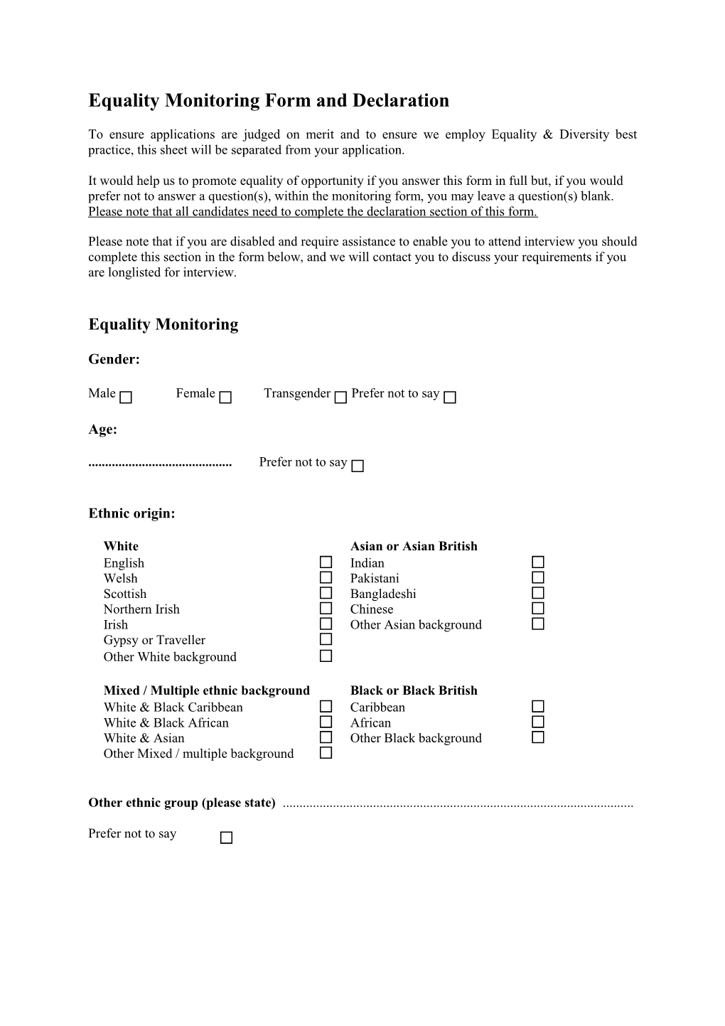 Equality Monitoring Form and Declaration