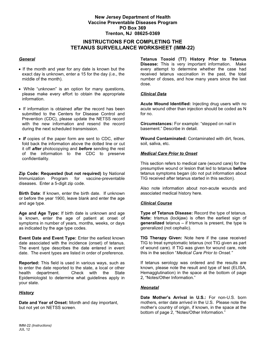 Instructions for Completing the Tetanus Surveillance Worksheet (IMM-22)