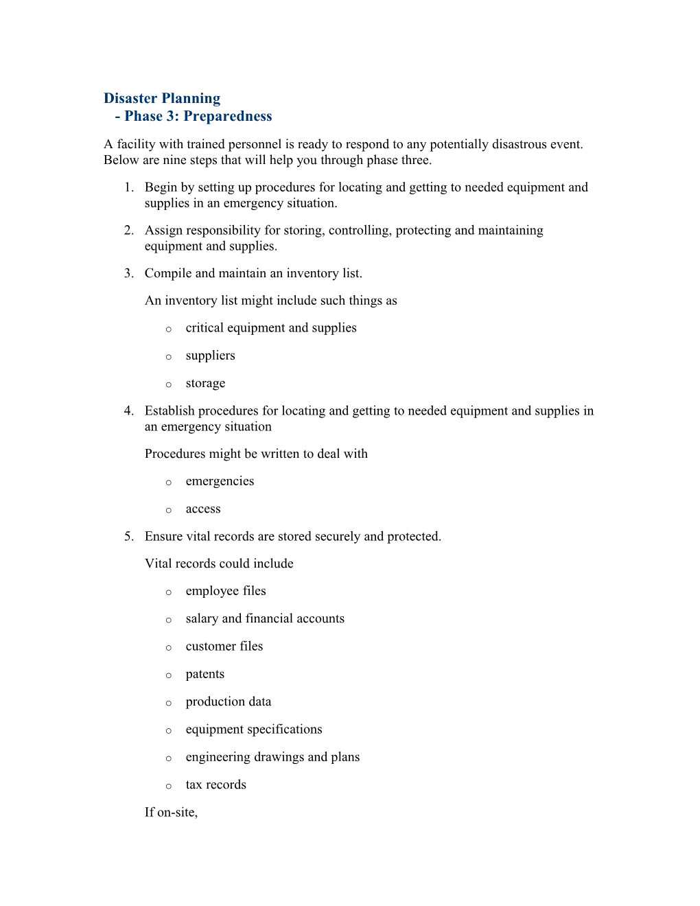 Disaster Planning - Phase 3: Preparedness