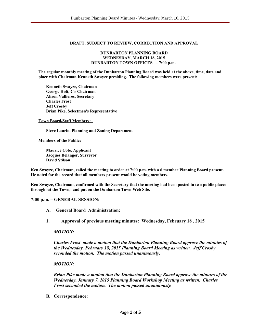 Dunbarton Planning Board Minutes - Wednesday, March 18, 2015