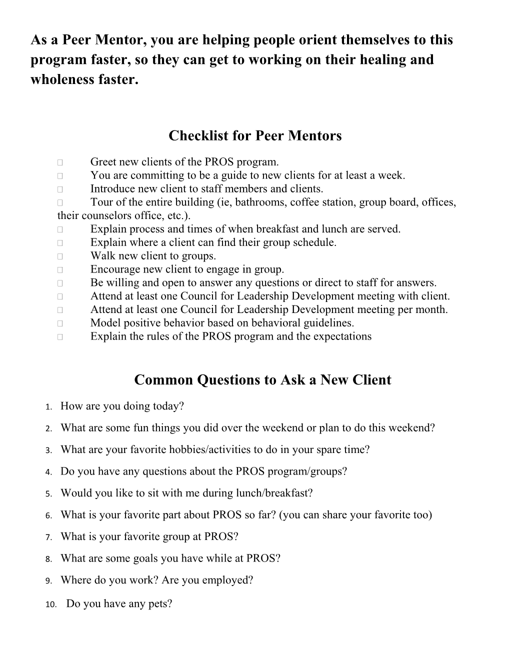 Checklist for Peer Mentors