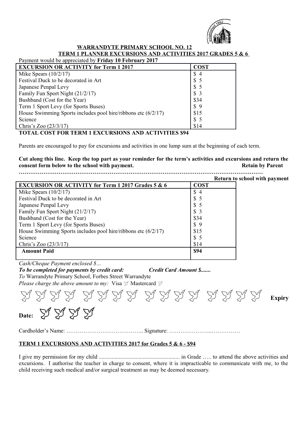 Total Cost for Term 1 Excursions and Activities $94