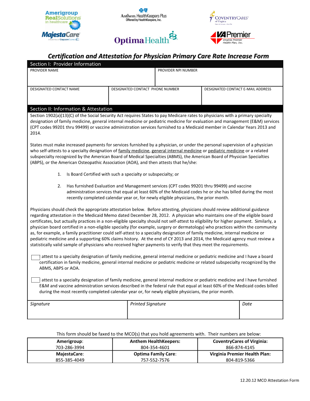 Certification and Attestation for Physicianprimary Care Rate Increase Form