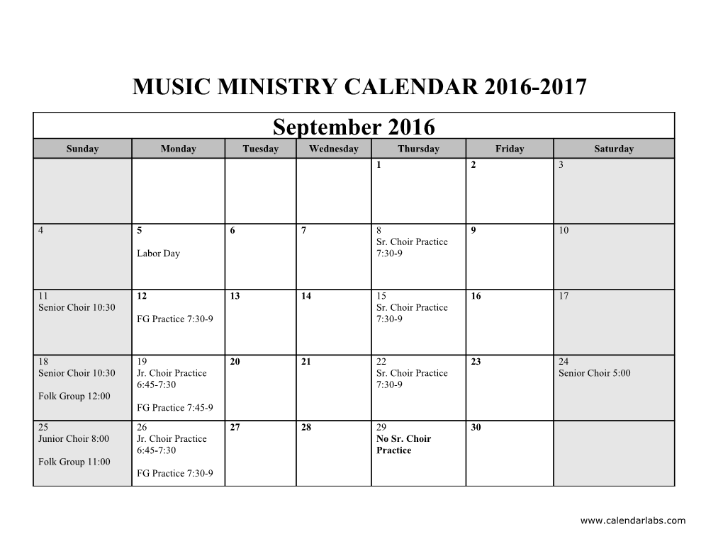 Music Ministry Calendar 2016-2017