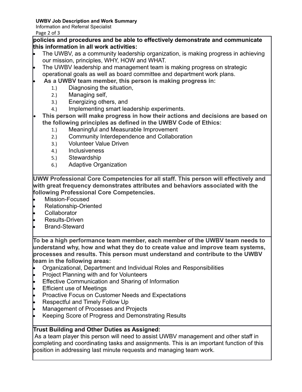 UWBV Job Description and Work Summary