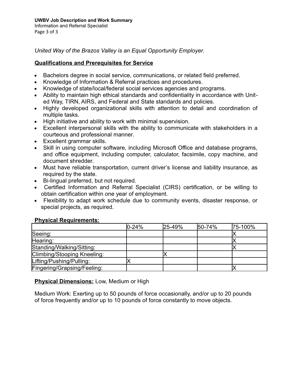 UWBV Job Description and Work Summary