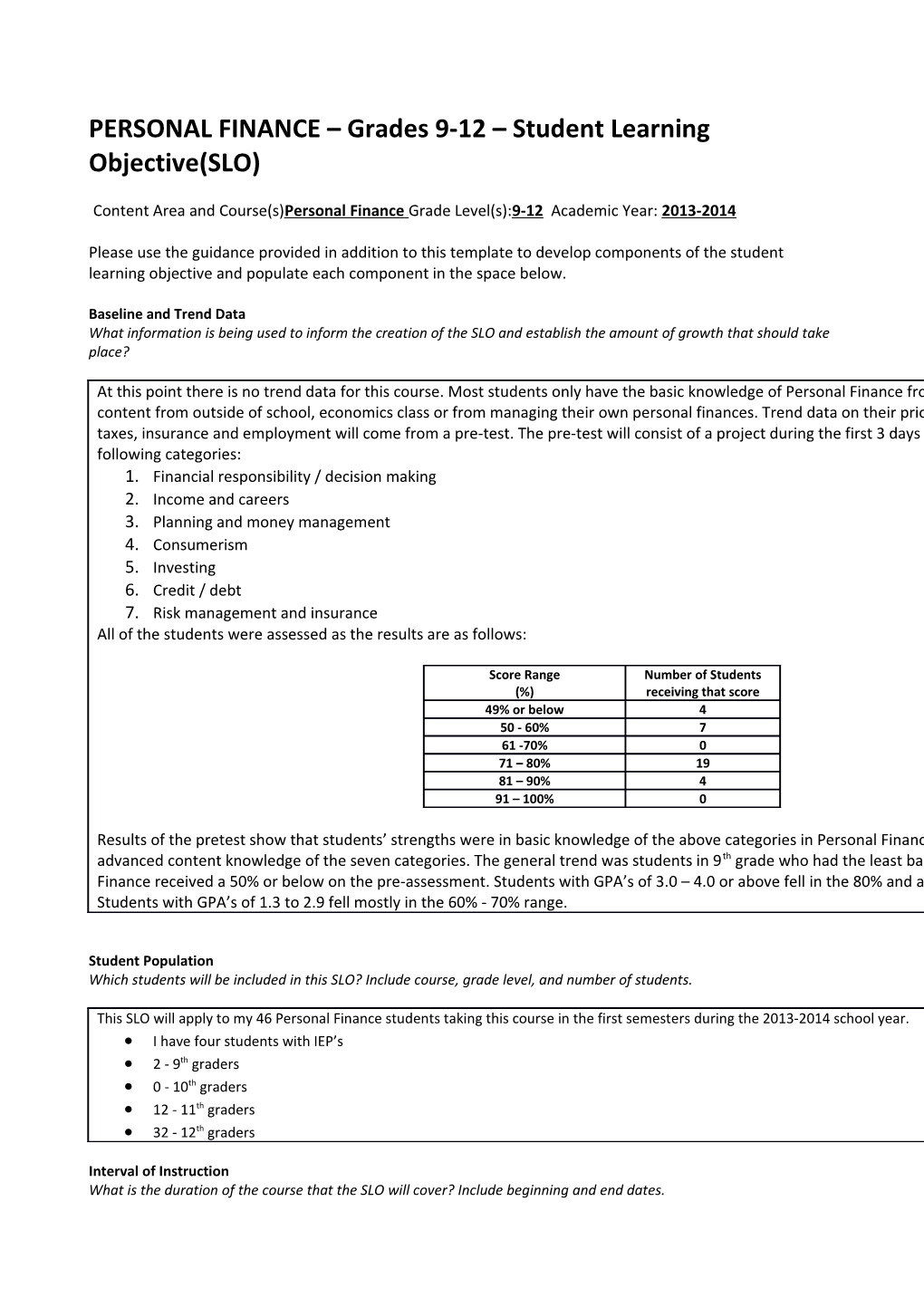 PERSONAL FINANCE Grades 9-12 Student Learning Objective(SLO)
