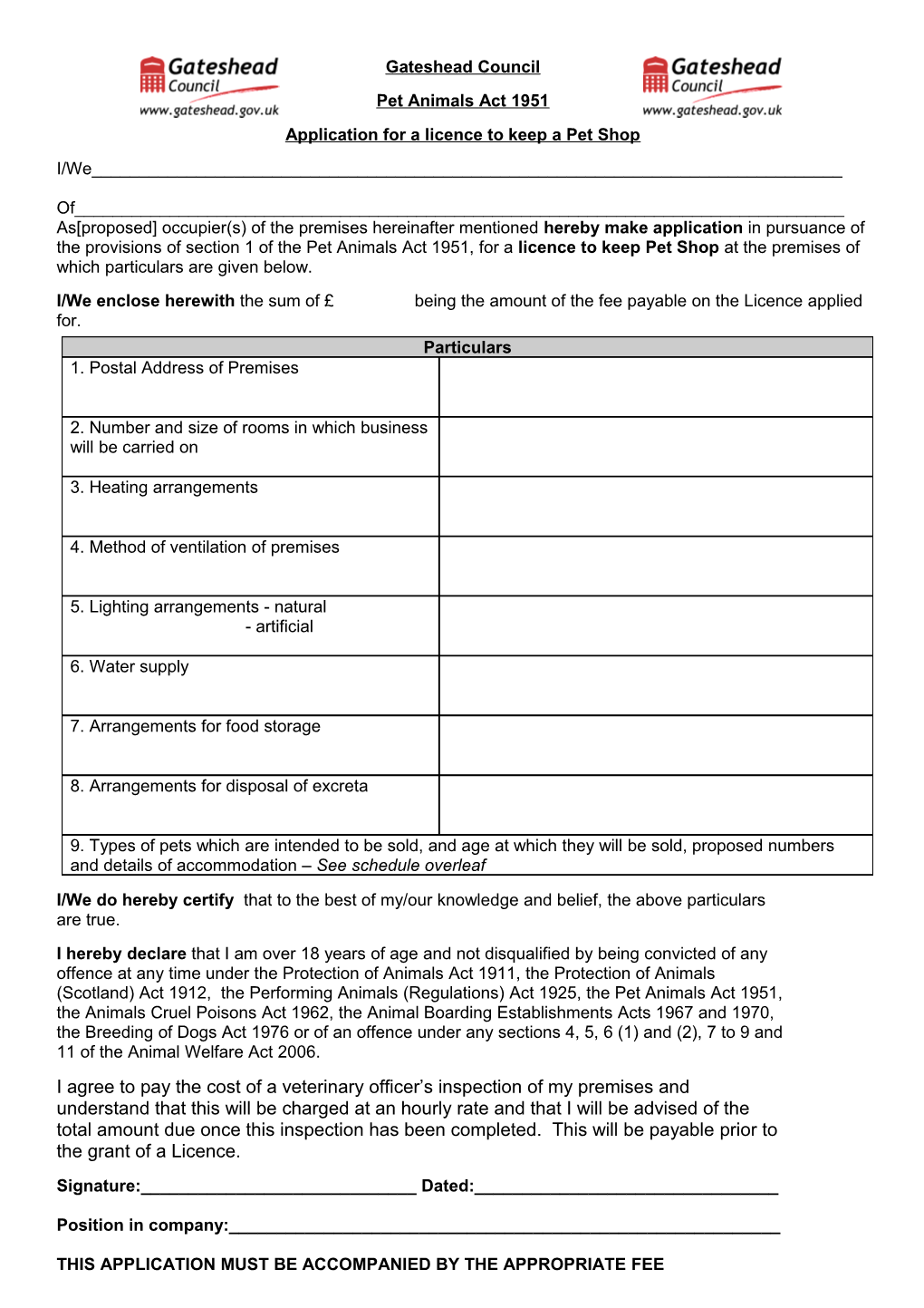 Application for a Licence to Keep a Pet Shop