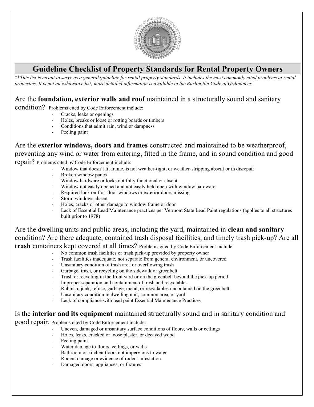 Guideline Checklist of Property Standards for Rental Property Owners