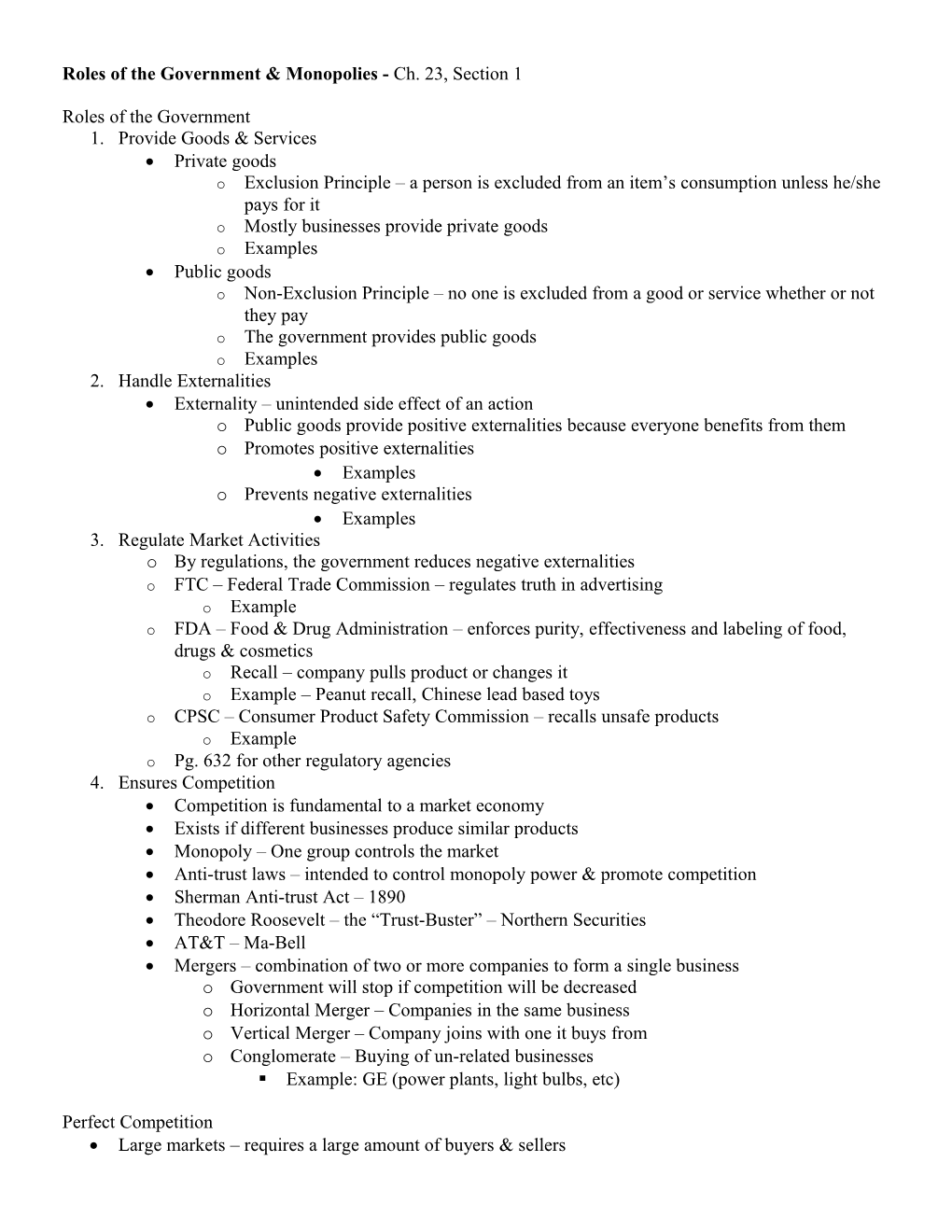 Roles of the Government & Monopolies - Ch