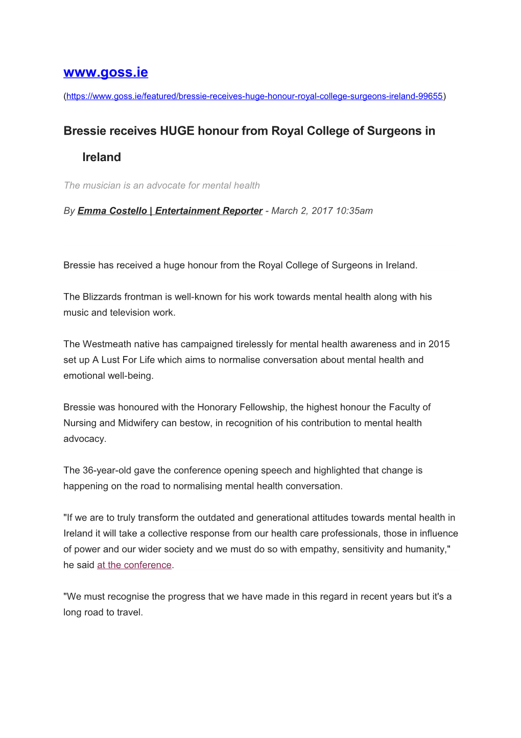 Bressie Receives HUGE Honour from Royal College of Surgeons in Ireland