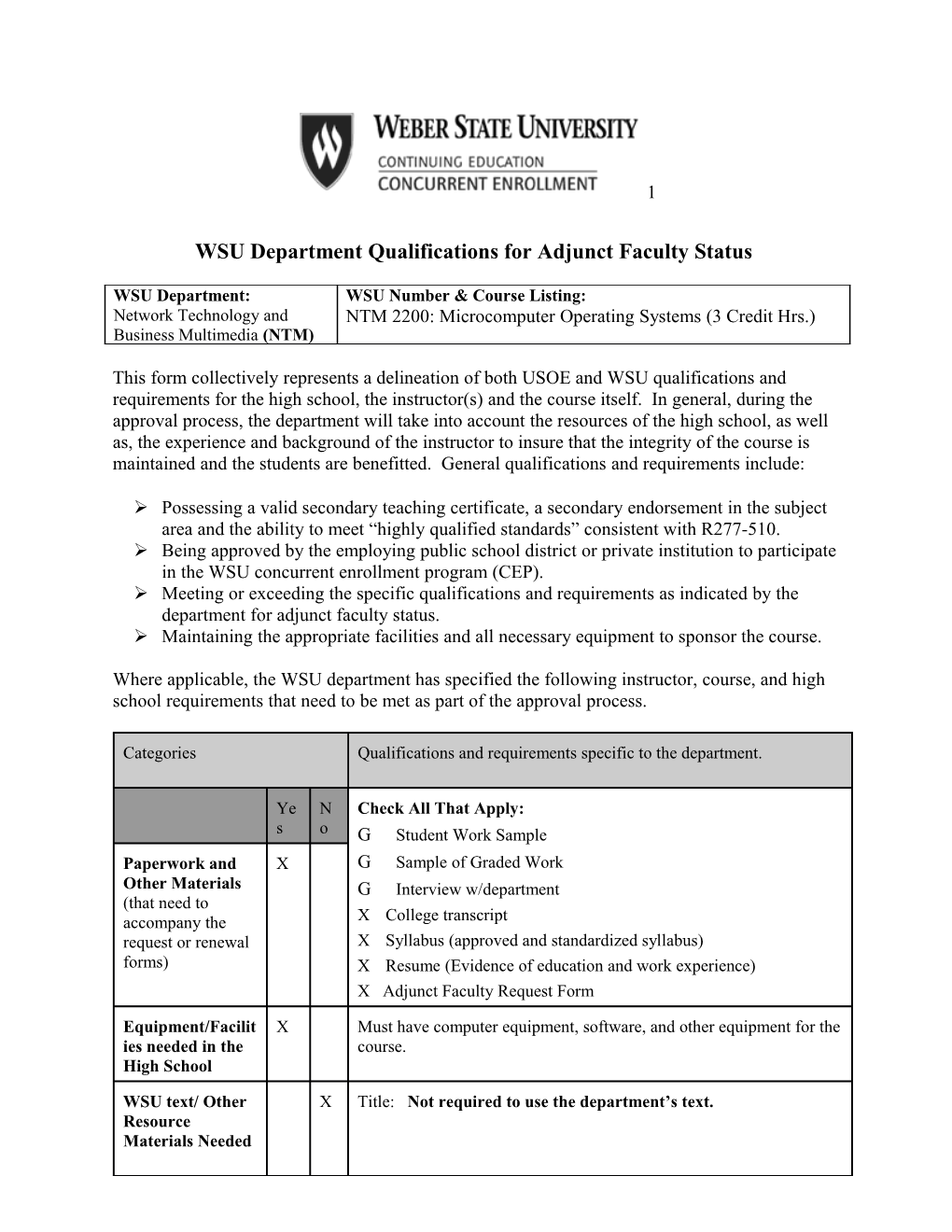 WSU Department Qualifications for Adjunct Faculty Status s3