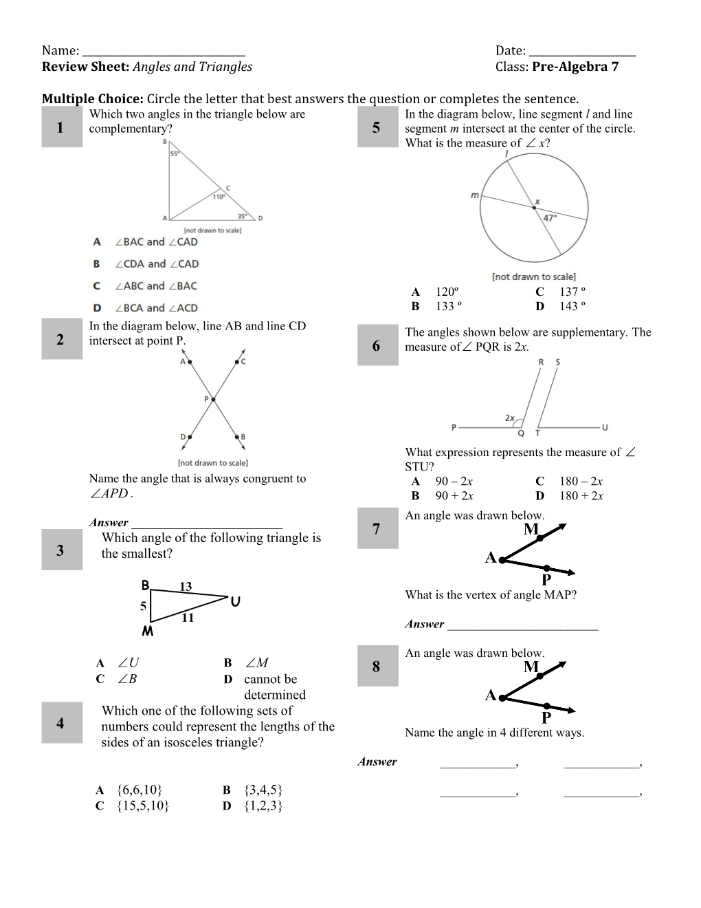 Review Sheet: Angles and Triangles Class: Pre-Algebra 7