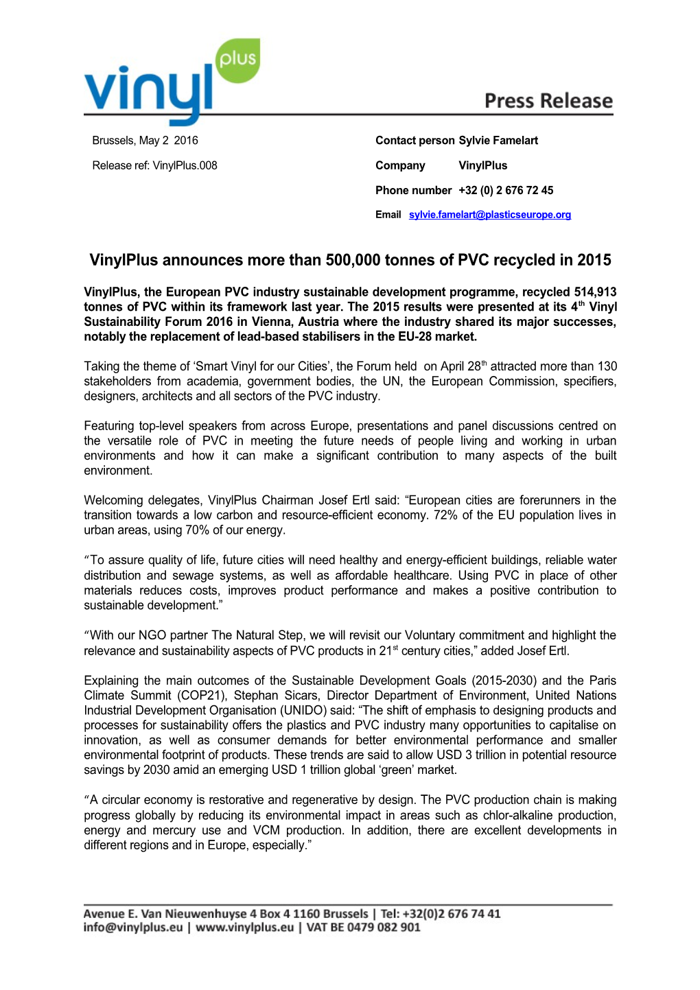 Vinylplus Announces More Than 500,000 Tonnes of PVC Recycled in 2015