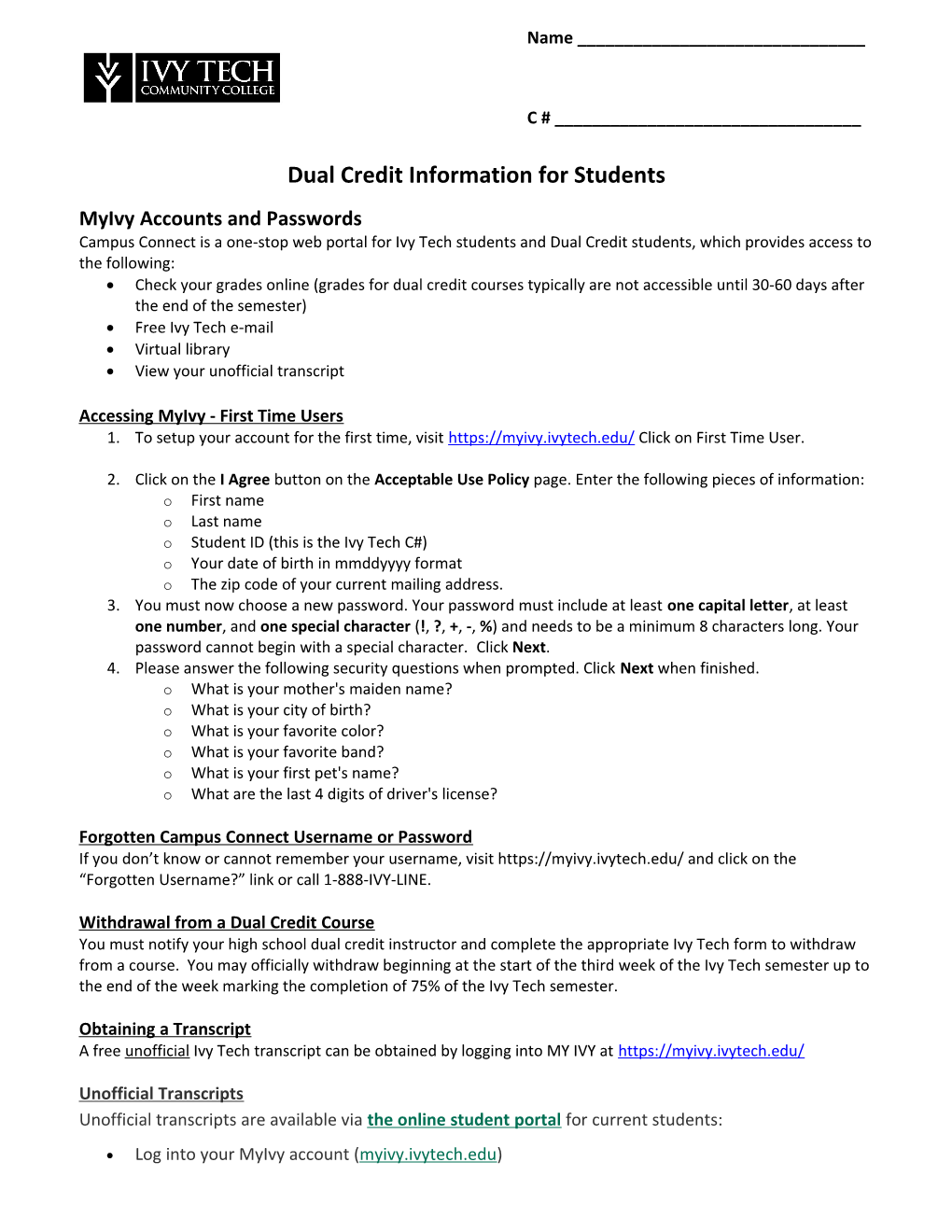 Dual Credit Informationfor Students