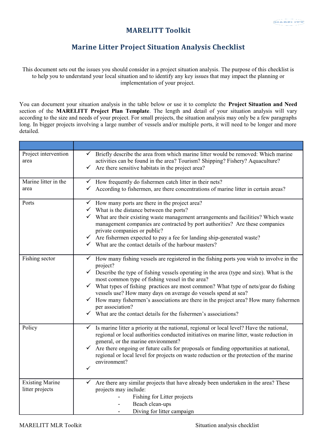 Marine Litter Project Situation Analysis Checklist