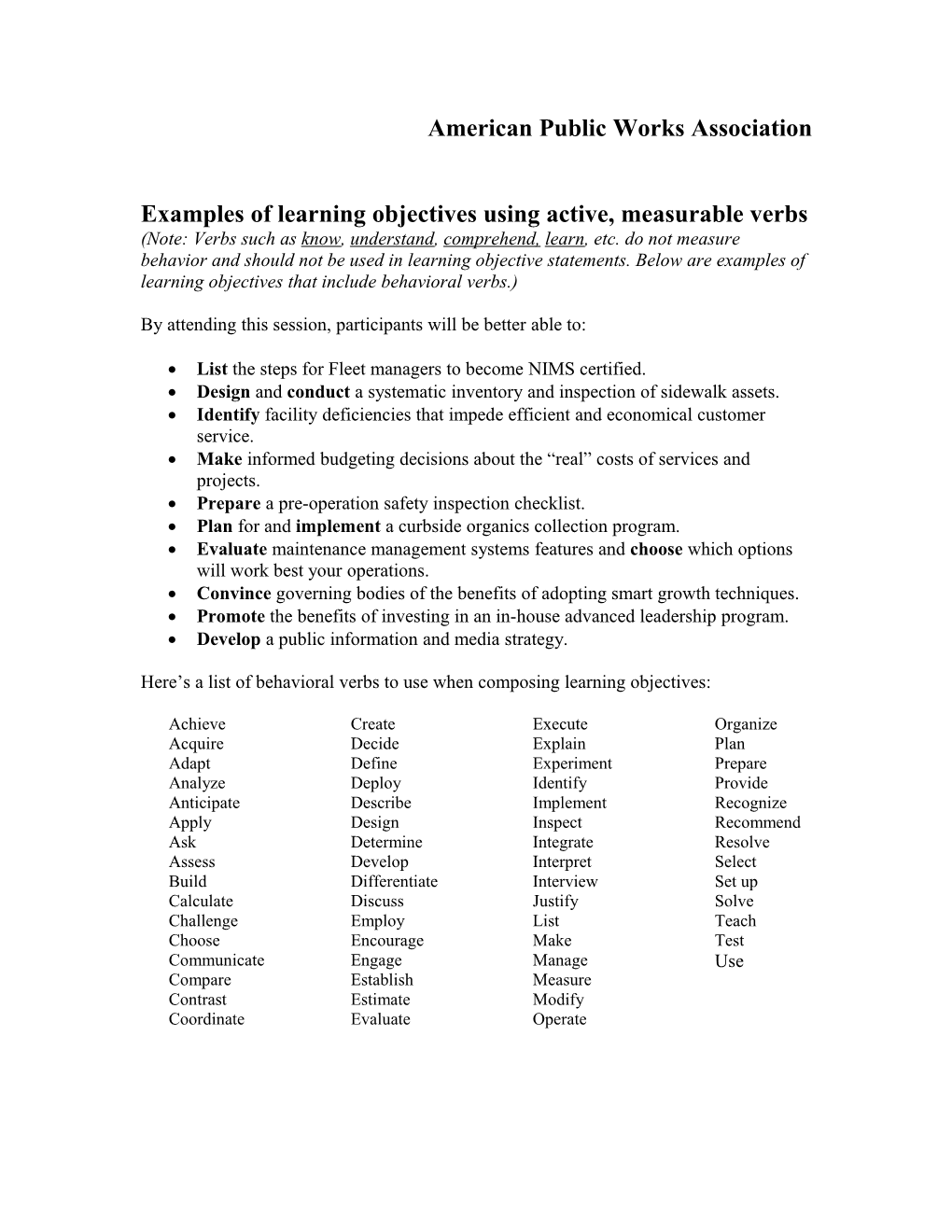 Examples of Learning Objectives Using Behavioral Verbs