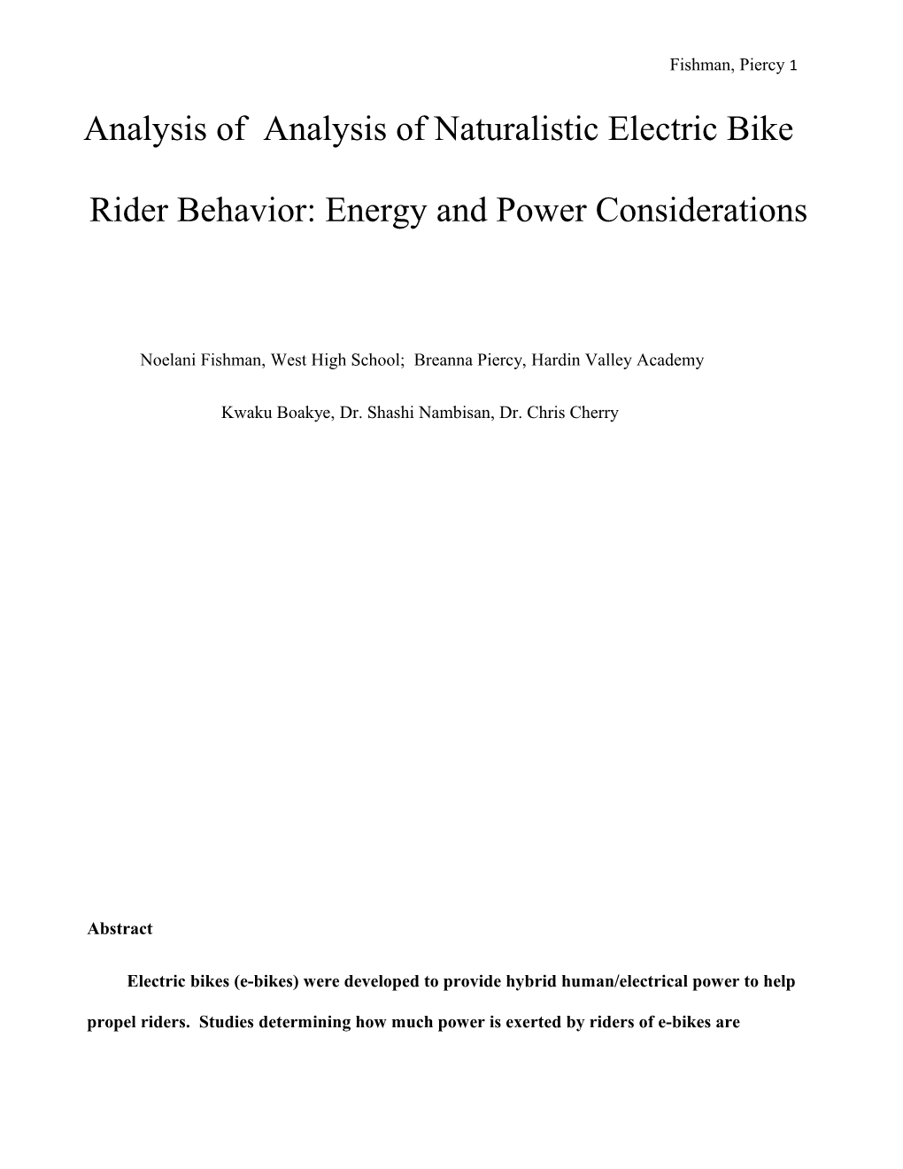 Analysis of Analysis of Naturalistic Electric Bike Rider Behavior: Energy and Power