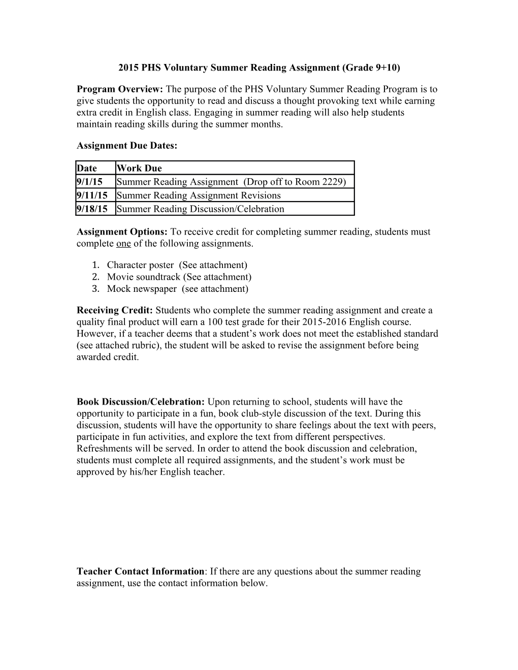 2015 PHS Voluntary Summer Reading Assignment (Grade 9+10)