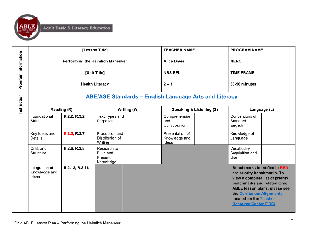 Ohio ABLE Lesson Plan Performing the Heimlich Maneuver
