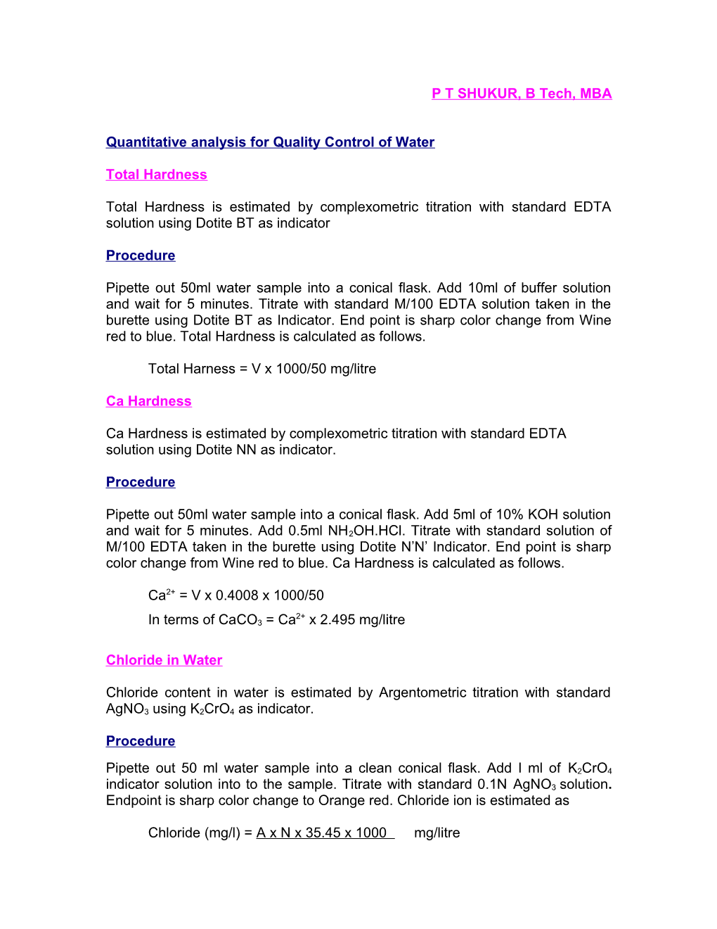 Quantitative Analysis for Quality Control of Water