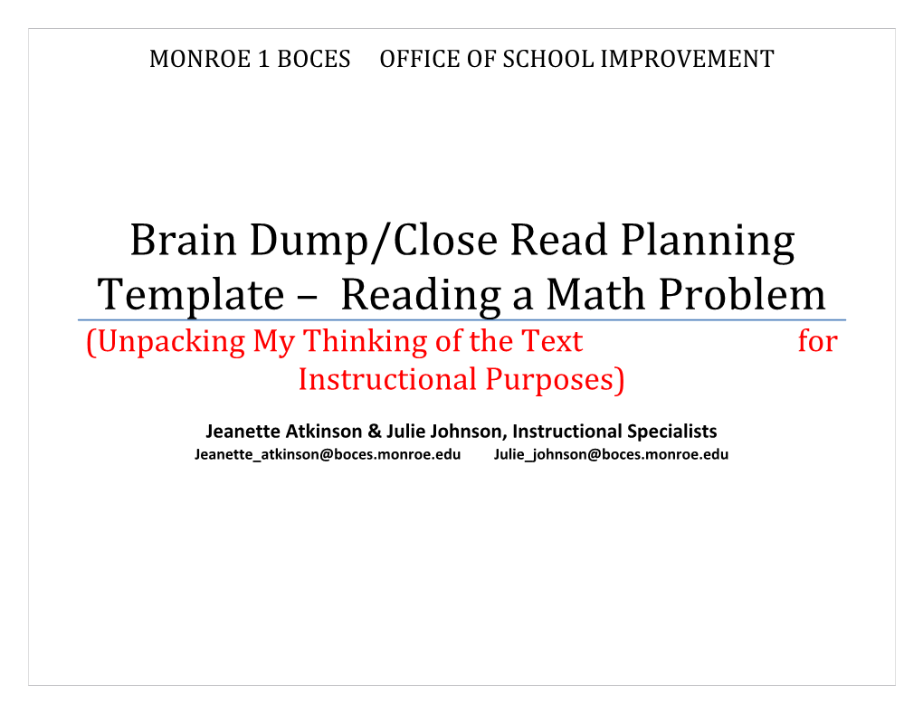 Brain Dump/Close Read Planning Template Reading a Math Problem