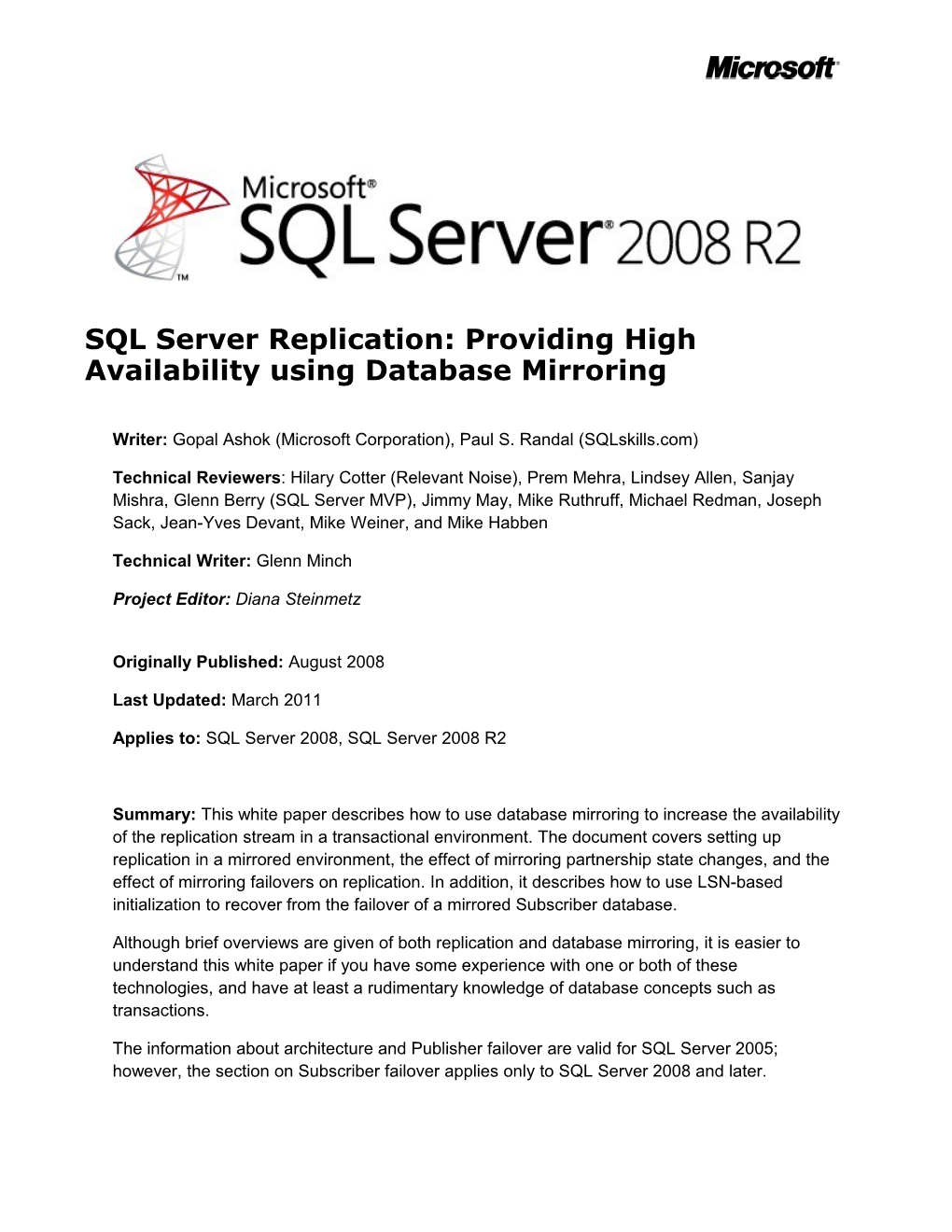 SQL Server Replication: Providing High Availability Using Database Mirroring