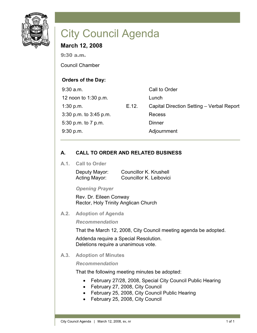 Agenda for City Council March 12, 2008 Meeting