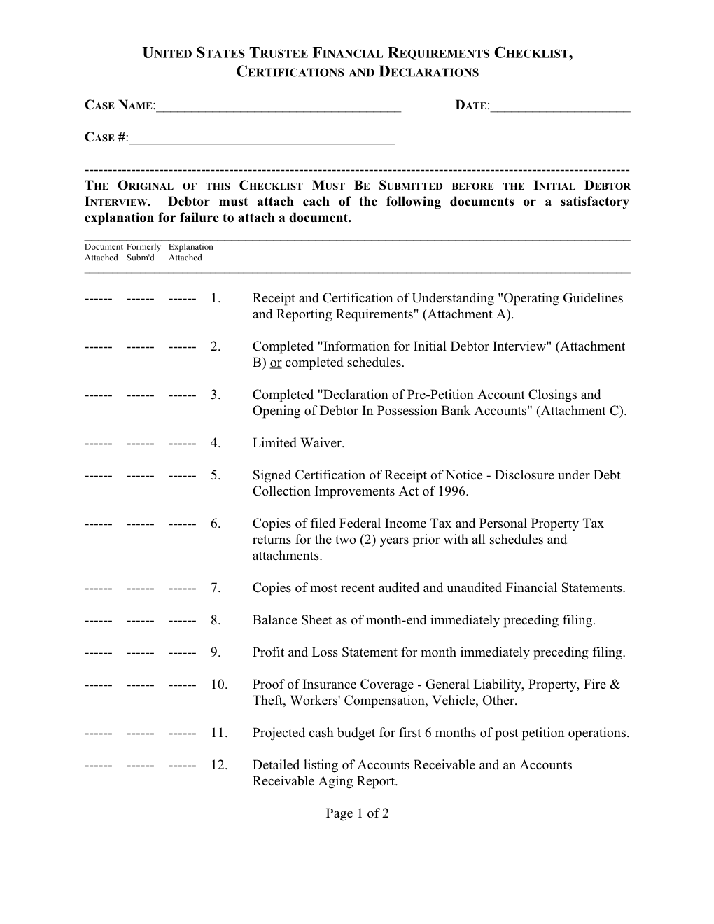 United States Trustee Financial Requirements Checklist